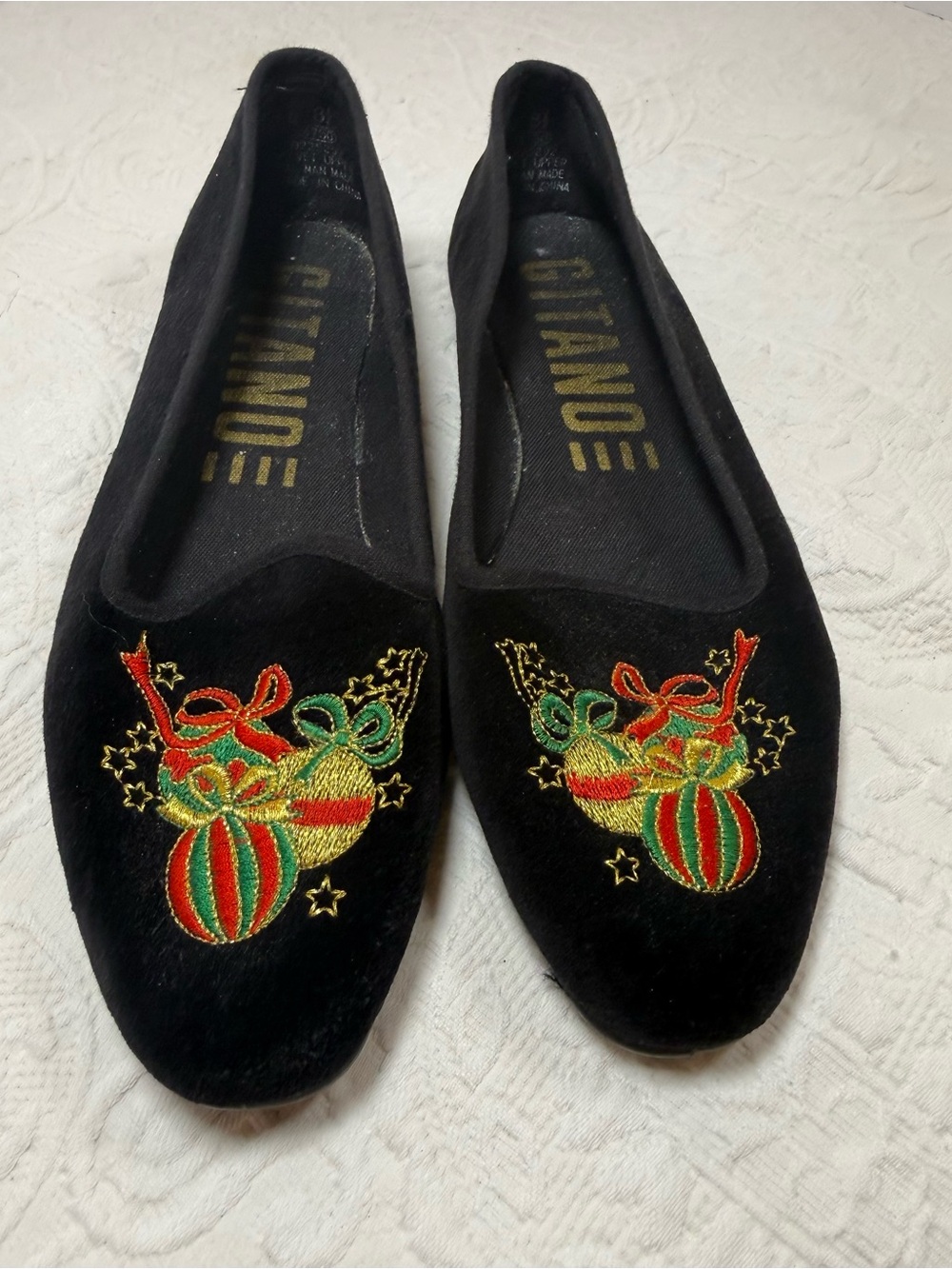 Gitano Black Velvet Slip-On Flats with Holiday Red & Green Embroidery